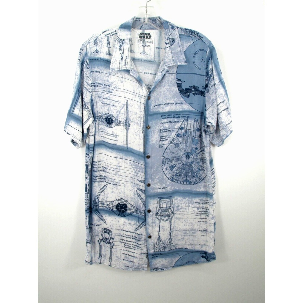 Star Wars We Love Fine Blueprint Button Up Shirt Mens L Blue Rayon Short Sleeve